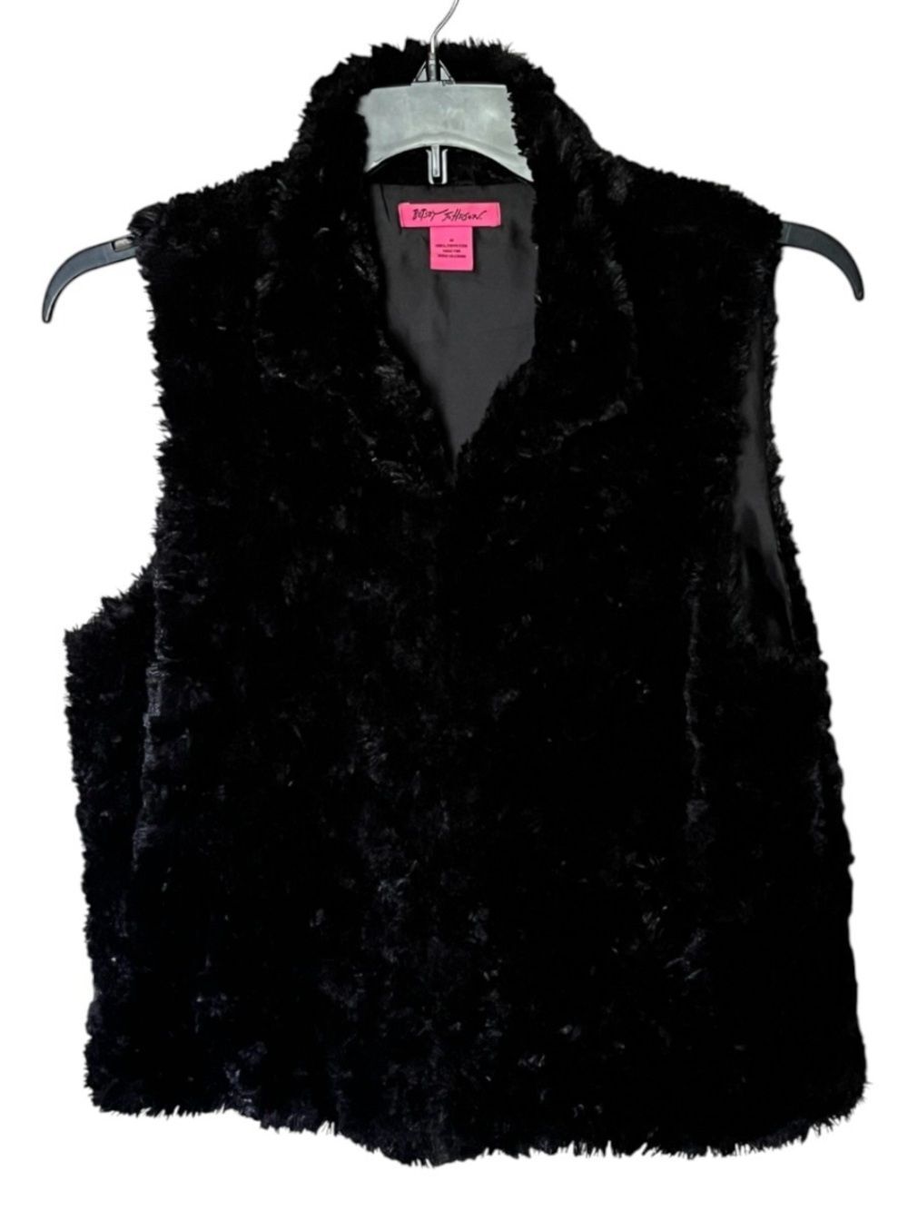 Betsey Johnson Black Faux Fur High Neck Lined Vest with Pockets Size Medium